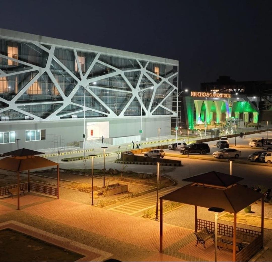 DHA Quetta gateway building at night