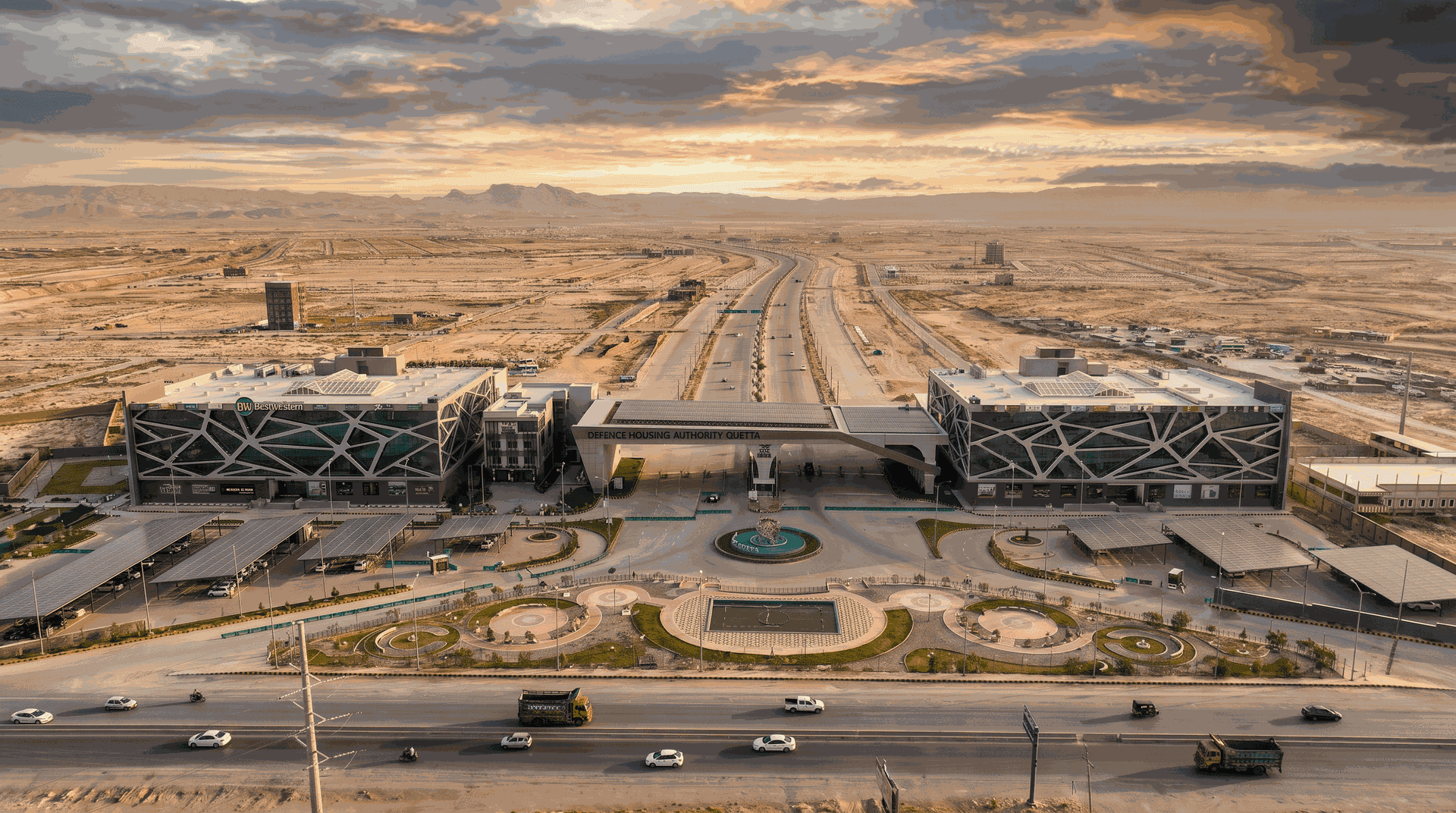 Aerial view of the DHA Quetta gateway and main boulevard