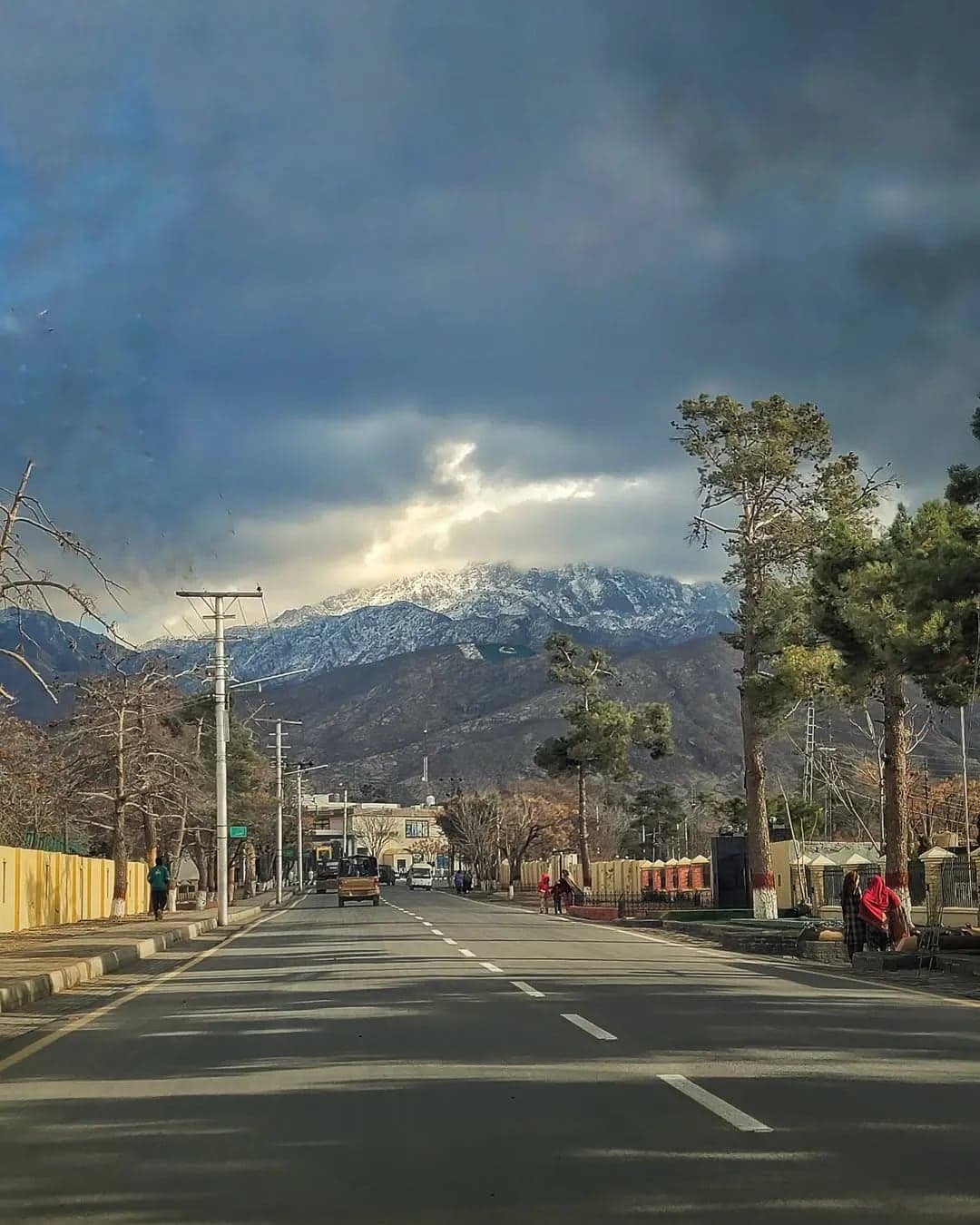 A tree-lined road in Quetta with snow on the mountains