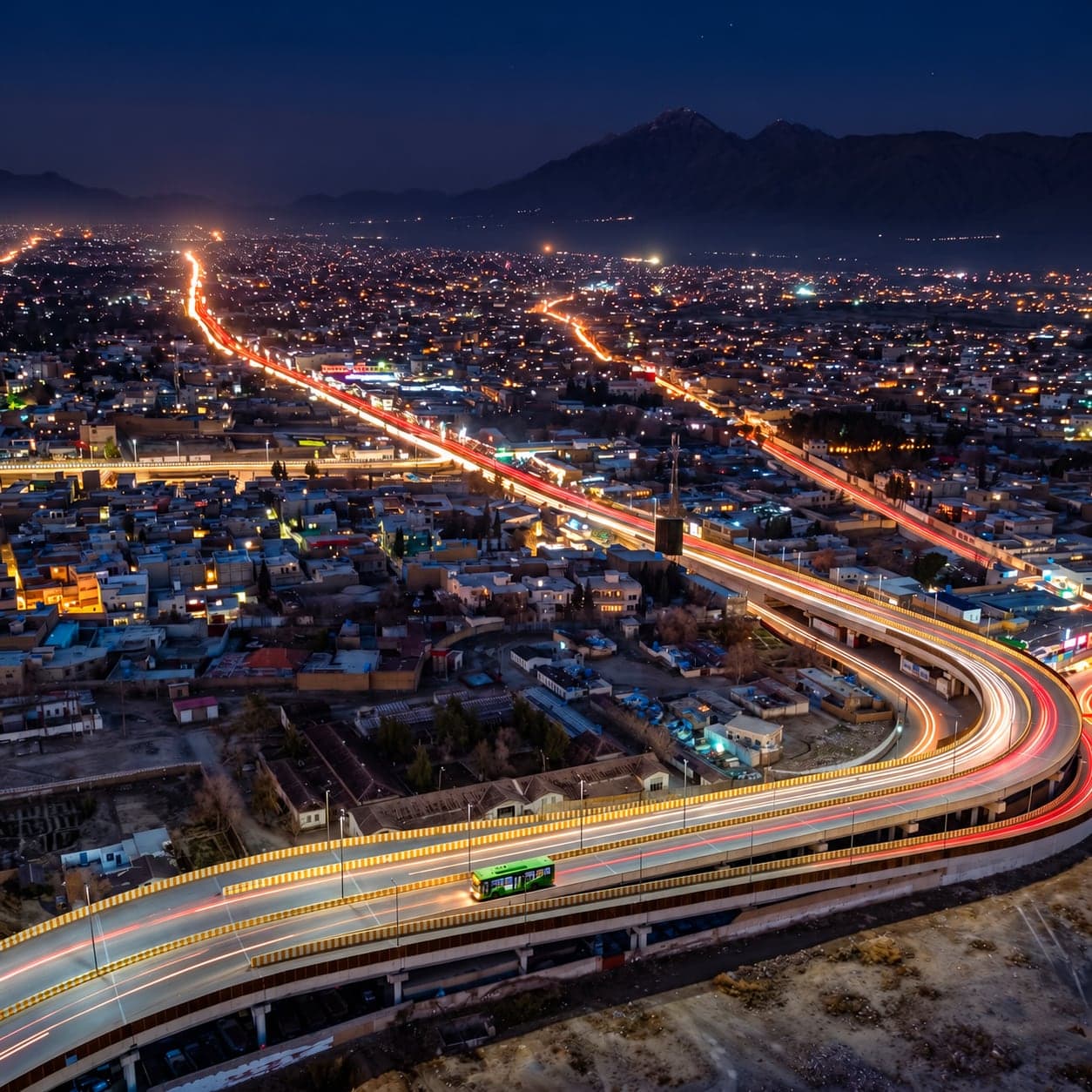 A flyover and the city lights of Quetta at night