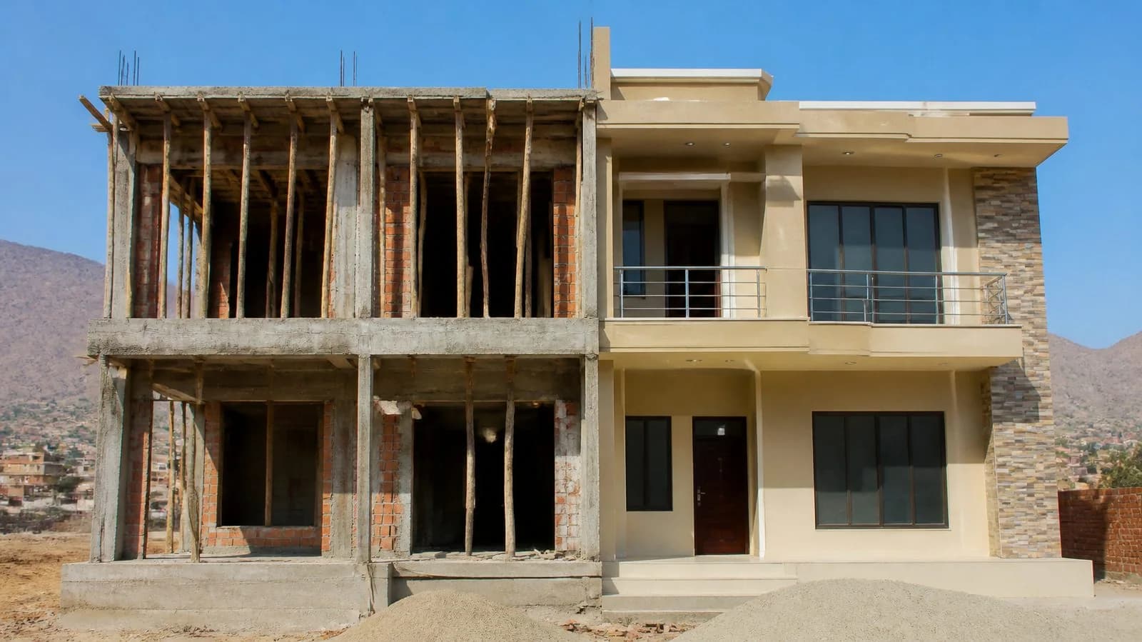 Illustration of a two-storey house shown half in grey structure (exposed brick and concrete frame) and half finished with plaster, paint and windows