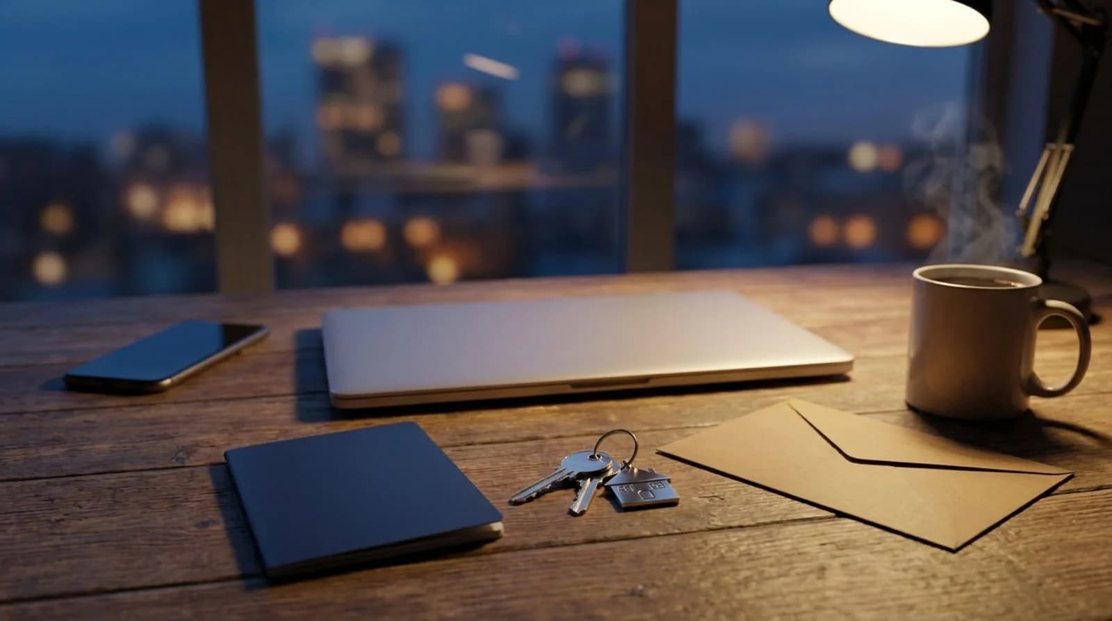 Closed laptop, smartphone, plain passport-style booklet, house keys and an envelope on a wooden desk by a window at dusk