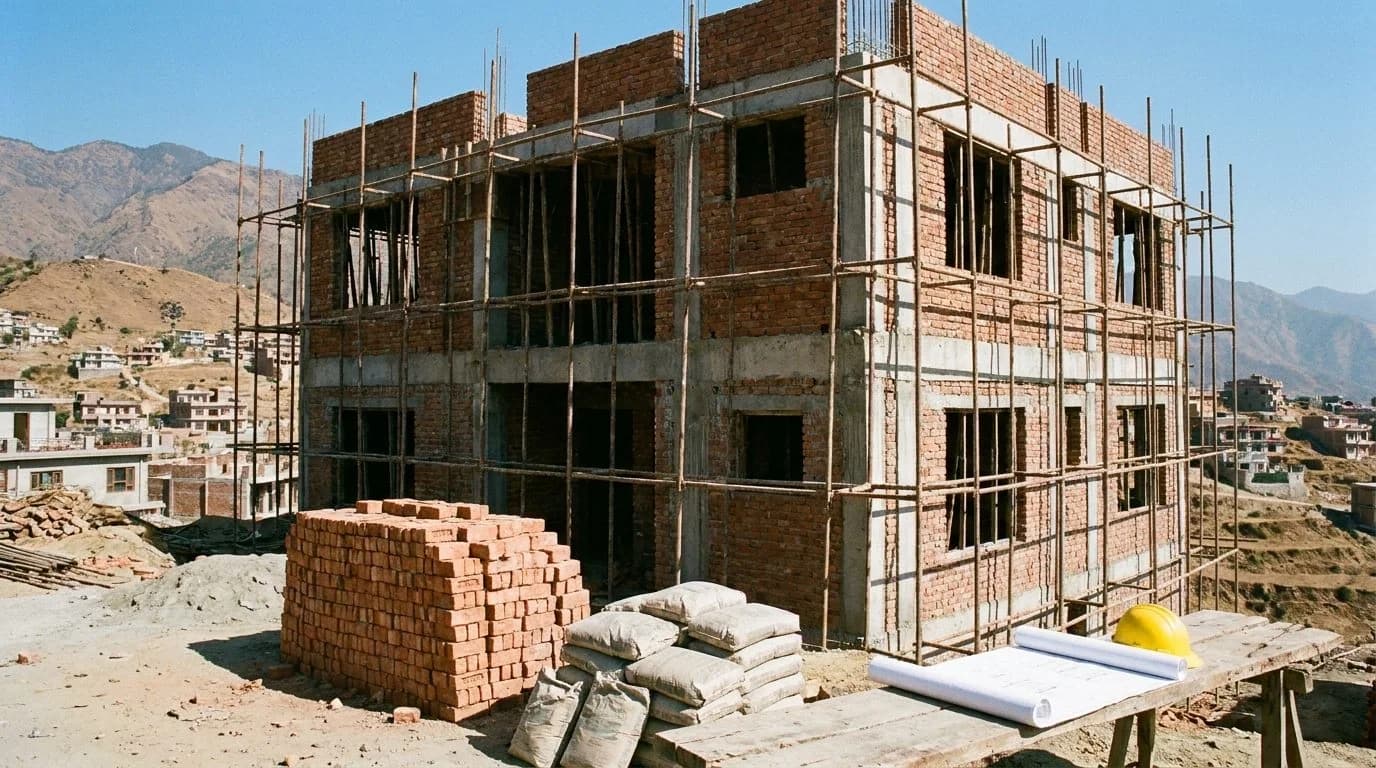 AI-generated illustration of a brick and concrete-frame house under construction with scaffolding, stacked bricks, cement bags, rolled drawings and a hard hat