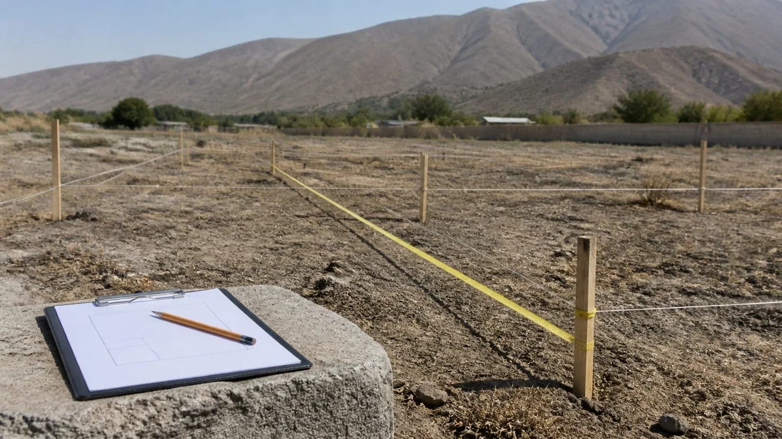 Illustration of an empty plot marked out with wooden pegs, string lines and a yellow measuring tape, with a clipboard site plan in the foreground