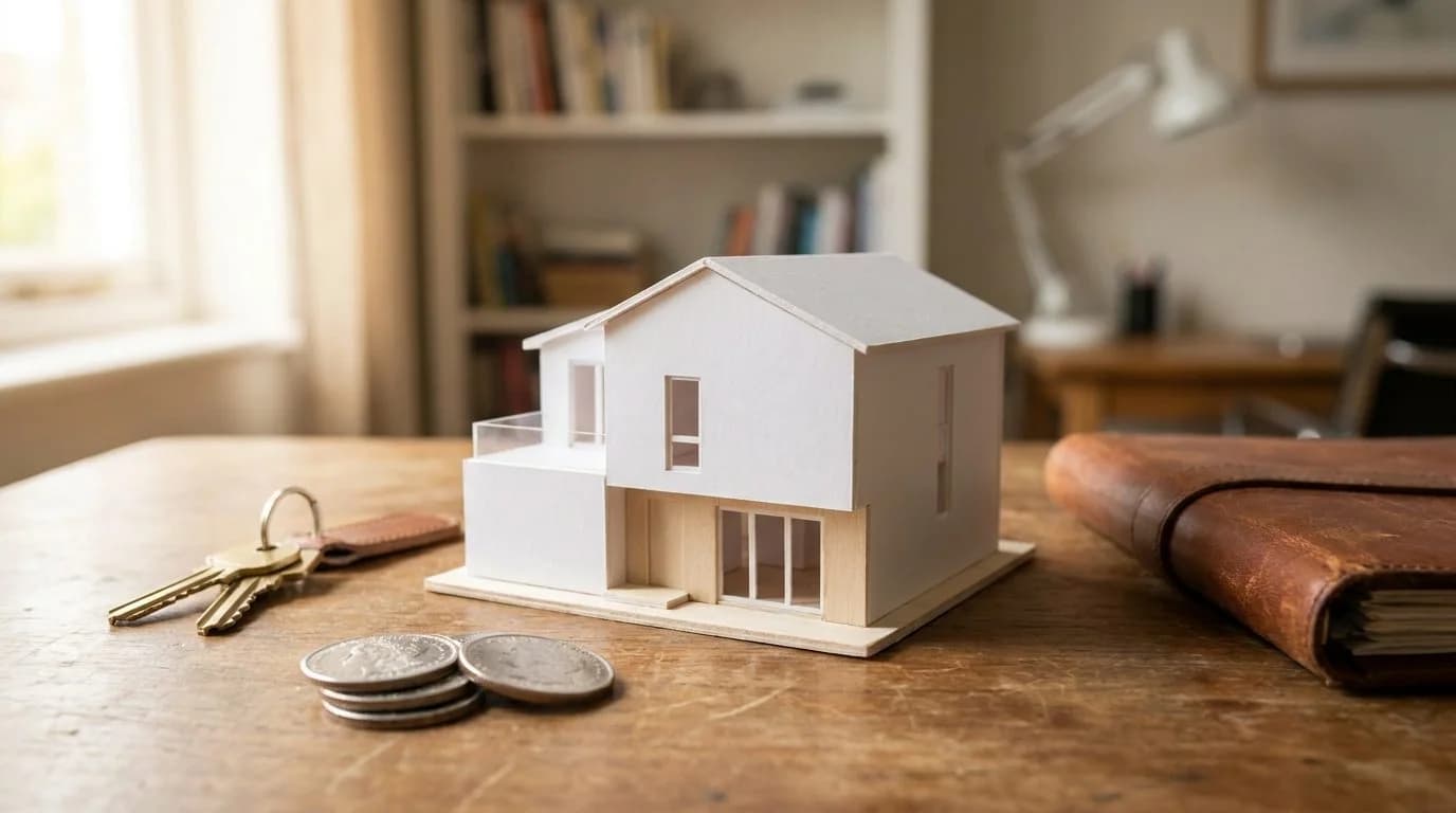 AI-generated image of a small white model house on a wooden desk beside house keys, stacked coins and a leather folder