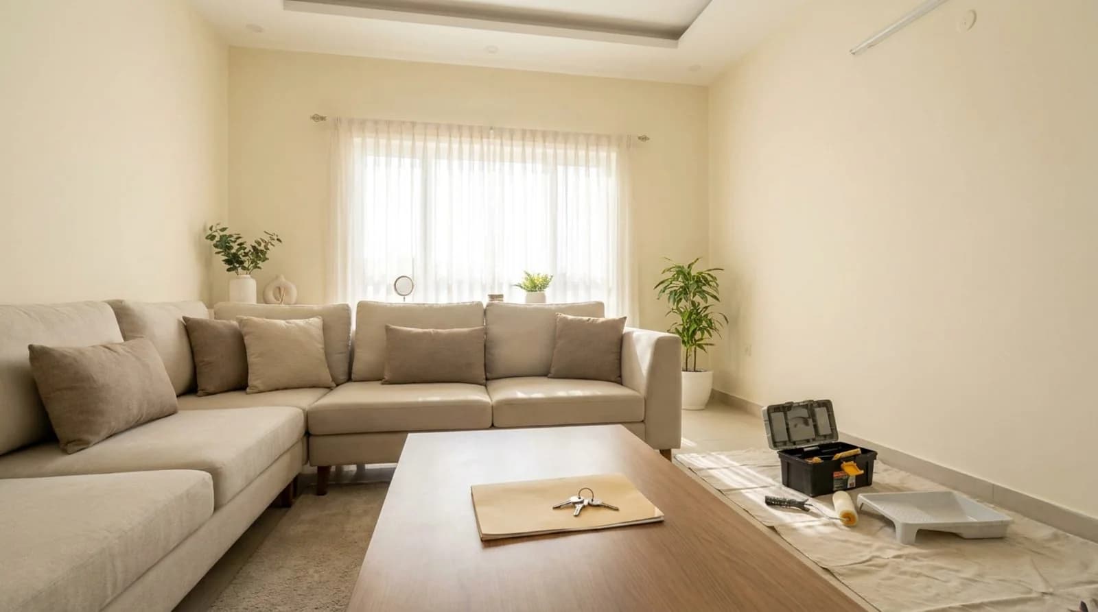 Bright, freshly painted living room with a sofa, house keys on the coffee table and a toolbox, paint roller and tray on a drop cloth